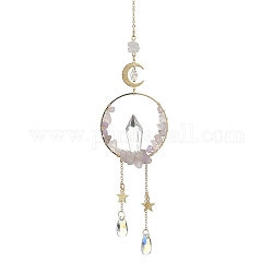Wire Wrapped Natural Amethyst Chips & Brass Ring Pendant Decorations, with Glass Teardrop & Cone Pendant, 270~280mm