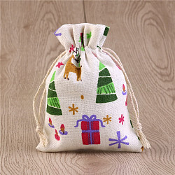 Lino de tema navideño mochilas de cuerdas, Rectángulo, blanco, colorido, 10x8 cm