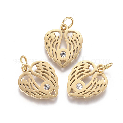 316 Surgical Stainless Steel Pendants, with Micro Pave Cubic Zirconia and Jump Ring, Long-Lasting Plated, Heart Wing, Clear, Real 18K Gold Plated, 14.7x12.3x1.5mm, Hole: 3.5mm