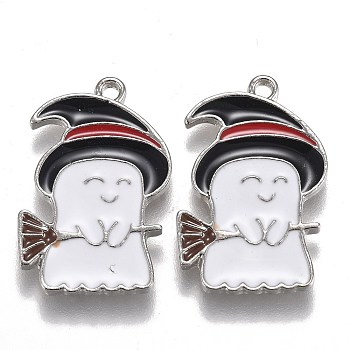 Halloween Theme Alloy Enamel Pendants, White Ghost with Black Witch Hat and Broom, Platinum, 22.5x14.5x1.5mm, Hole: 1.6mm