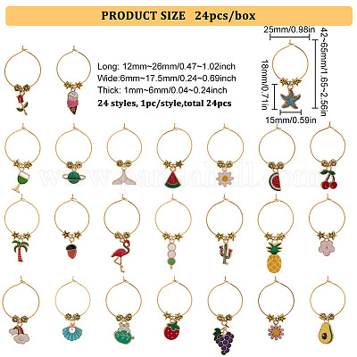 BENECREAT 24Pcs 24 Style Summer Theme Alloy Enamel Wine Glass Charms,  Goblet Marker, with Brass Wine Glass Charm Rings, Fruit & Drink & Tree,  Golden, 42~65mm, 1pc/style