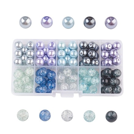 Plata-gris mezcla cocción pintado crackle vidrio & cristal pearl bead sets HY-X0009-10mm-07-1