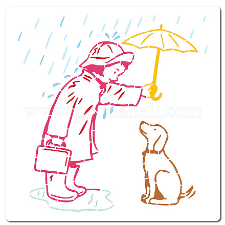 GORGECRAFT 30x30cm Rainy Day Stencil Large Banksy Template Woman and Dog Under Umbrella Pattern Reusable Drawing Crafts Stencil for Painting on Wood Wall Furniture Canvas Fabrics Home DIY Decoration DIY-WH0244-288-1
