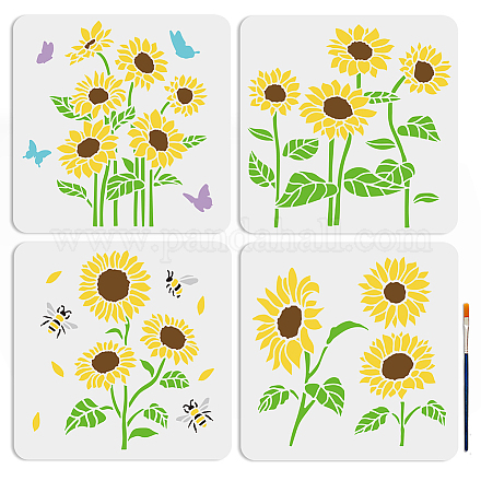 4pcs Butterfly Bee Sunflower Stencil for Painting 11.8×11.8inch Large Boho Sunflower Stencils with Paint Brush Nature Floral Sun Flower Template for Wood Wall Furniture Decor DIY Crafts DIY-MA0002-71-1