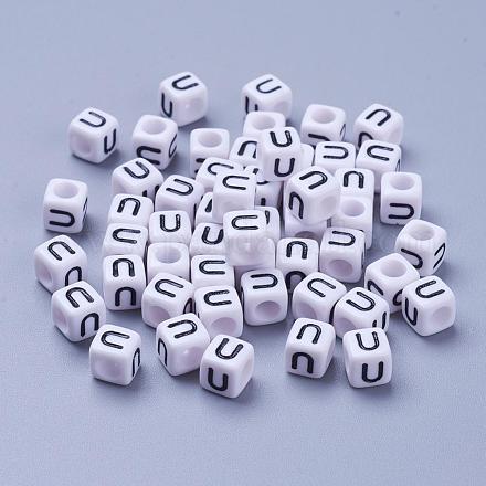 Letter U White Letter Acrylic Cube Beads X-PL37C9308-U-1