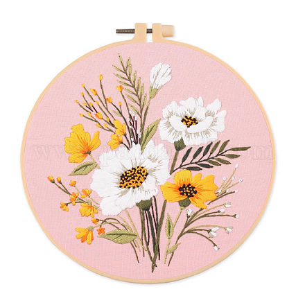 DIYの花と葉の模様の刺繍キット  プリントコットン生地を含む  刺繍糸と針  模造竹刺繍フープ  ピンク  20x20cm SENE-PW0005-004E-1