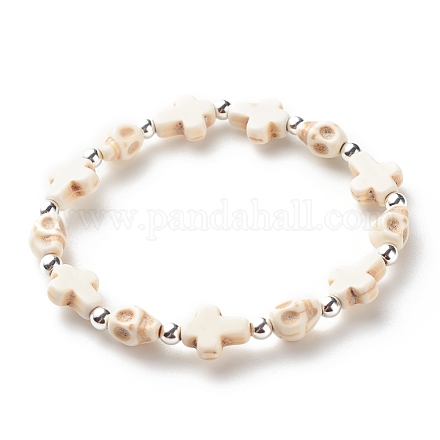 Bracelet extensible en perles de turquoise synthétique (teint) avec croix et tête de mort BJEW-JB08449-01-1