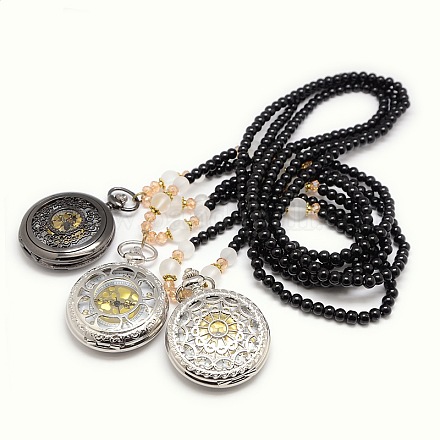 Poche à quartz rond et plat styles mélangés style décontracté à long verre noir perles en alliage montres pendentifs WACH-M112-M02-1