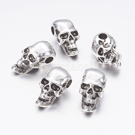 Lead Free and Nickel Free Antique Silver Tibetan Style Alloy Halloween Skull Beads X-TIBE-AD21014-AS-FF-1