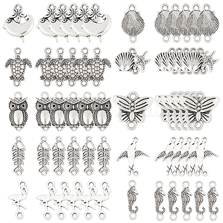 Sunnyclue 1 scatola 60 pezzi 10 stili connettore animale charms argento antico connettore doppio foro risultati per gioielli fai da te collana braccialetto orecchino fare TIBE-SC0001-10AS-1