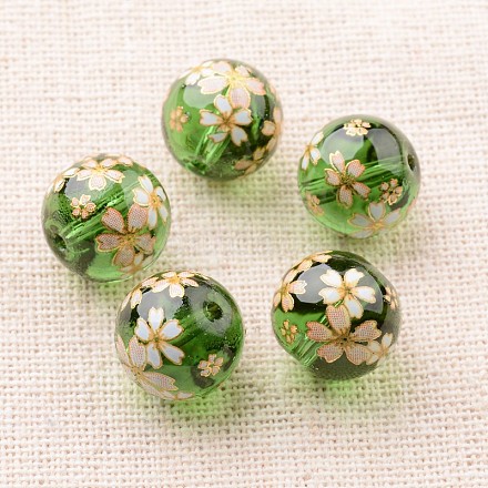Flower Picture Printed Glass Round Beads GLAA-J089-12mm-A09-1