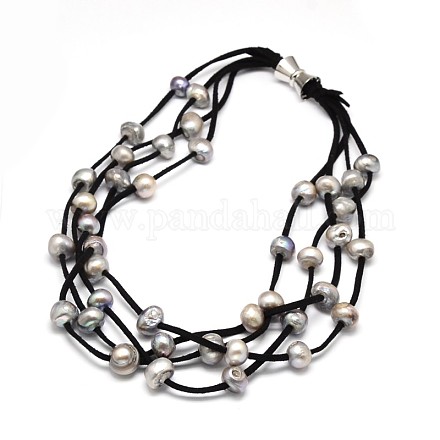 豪華な女性の真珠のマルチ連ネックレス  ウールのコードと真鍮の留め金付き  ブラック  19.2インチ NJEW-L345-N07-1
