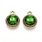 K5 Glass Pendants, Flat Round, Faceted, with Alloy Findings, Light Gold, Green, 17~17.7x14x5.2~6mm, Hole: 2mm