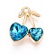 Alloy Rhinestone Pendants, Cherry, Golden, Blue Zircon, 19x16x5.5~6mm, Hole: 1.8mm