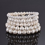 Muschel Perlen Stretch Armbänder Sets, stapelbare Armbänder, mit Leinenkordelzugbeutel, Blumenweiß, 2-3/8 Zoll (6 cm), 5strands / set