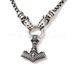 304 Edelstahl Wolfskopf Königskette Wikinger Mjölnir Thorshammer Anhänger Halsketten für Männer, Antik Silber Farbe, 23.86 Zoll (60.6 cm)