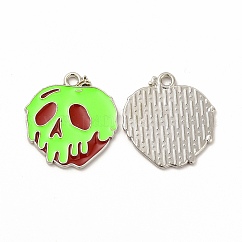 Gestell Legierung Emaille Anhänger, Cadmiumfrei und Nickel frei und Bleifrei, Halloween-Thema, Apfelschädel-Anhänger, Platin Farbe, Rasen grün, 21x20x1.5 mm, Bohrung: 1.8 mm