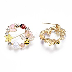 Flach rund mit Schmetterling Biene Blume Emaille Pin mit Strass&nbsp;JEWB-N007-070