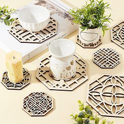 8 posavasos de madera tallada con forma octogonal de 4 estilos&nbsp;WOOD-FH0001-97