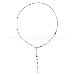 Collane a catena lariat con perline rotonde sfaccettate di tormalina multicolore naturale multicolore in acciaio inossidabile 304&nbsp;NJEW-JN06588