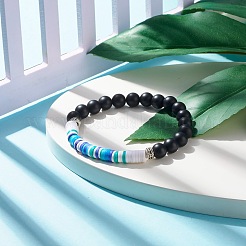 Bracciale elasticizzato in pietra nera sintetica e perline heishi fatte a mano in argilla polimerica&nbsp;BJEW-JB07509