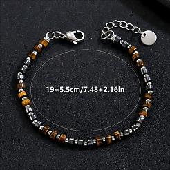 Braccialetti heishi con perline heishi in occhio di tigre naturale e catenelle terminali in acciaio inossidabile 201.&nbsp;OQ4301-1