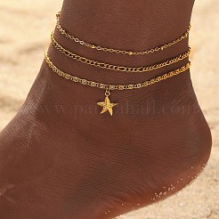 Sommerstrand 304 Edelstahl Seestern Charms 3 Schicht Fußkettchen für Frauen&nbsp;AJEW-F068-01G