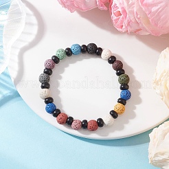 3 pulsera elástica con cuentas de roca de lava natural y cáscara de coco para mujeres y hombres.&nbsp;BJEW-JB12470