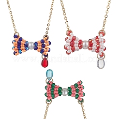3 collier pendentif nœud papillon en perles de verre de 3 couleurs&nbsp;NJEW-MZ00091