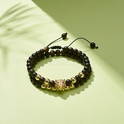 2pcs 2 bracelets de perles tressées en obsidienne naturelle et hématite synthétique serties de léopard en zircone cubique&nbsp;BJEW-JB08119-01