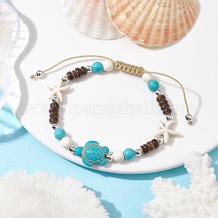 Armband aus synthetischen türkisfarbenen geflochtenen Perlen mit Seestern und Schildkröte&nbsp;BJEW-JB09967-02