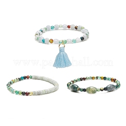 Set di 3 braccialetti elasticizzati con perline in agata naturale e acquamarina e celestite&nbsp;BJEW-JB09118