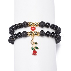 Set di braccialetti elasticizzati in pietra lavica naturale in stile 2 pz 2 e lucentezza dorata in ossidiana e ematite sintetica&nbsp;BJEW-JB08734