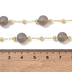 Colliers à maillons plats ronds en agate grise naturelle facettée avec perles en laiton mat&nbsp;GG-CBA37F5-01G-12