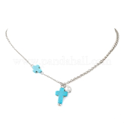 Colgante de cruz de turquesa sintética teñida y perla de concha redonda&nbsp;NJEW-JN05793