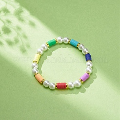 Heishi in argilla polimerica e perle di vetro e bracciale elasticizzato con perline in ottone da donna&nbsp;BJEW-JB08754