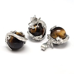 Pendentifs en pierre mélangée naturelle et synthétique en laiton plaqué platine dragon&nbsp;G-F228-04-RS