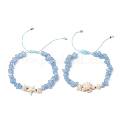 2 Stück natürliche Aquamarin-Chip-geflochtene Perlenarmbänder&nbsp;BJEW-JB11541-03
