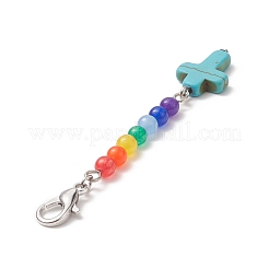 Croix turquoise synthétique avec pendentif perlé rond en jade de malaisie teint naturel&nbsp;HJEW-JM00940