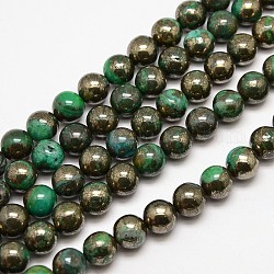 Electroplate Gemstone Natural Pyrite Round Beads Strands, Dyed, Green, 10mm, Hole: 1mm, about 40pcs/strand, 15.74 inch
