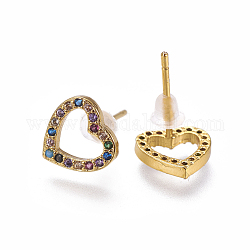 Brass Cubic Zirconia Stud Earrings, Heart, Colorful, Golden, 8.5x9x2mm, Pin: 0.8mm