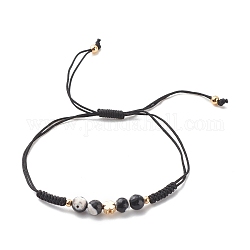 Bracciale in corda di agata naturale e trifoglio di ottone con perline, braccialetto regolabile intrecciato con pietre preziose per le donne, nero, diametro interno: 7/8~3-5/8 pollice (2.1~9.3 cm)