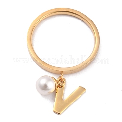 両用アイテム  304つのステンレス鋼の指輪またはペンダント  プラスチック丸ビーズ  ゴールドカラー  ホワイト  文字.v  usサイズ5~9（15.7~18.9mm）