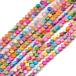 10 brins de perles colorées en coquille d'eau douce naturelle colorée, rond & fleur & étoile, formes mixtes, 6~7x6~7.5x2.5~6mm, Environ 60~70 pcs/chapelet, 13.98~15.35'' (35.5~39 cm)