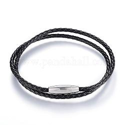 Cordón de cuero envuelva las pulseras, 304 de acero inoxidable con cierre magnético, negro, 16.3 pulgada (41.5 cm) x3 mm