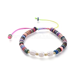 Bracelets de perles de nylon tressés réglables, avec des perles de culture d'eau douce naturelles et des perles en pâte polymère artisanale, Perles en laiton, or, colorées, 5.6~9.3 cm