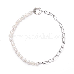 Collar de perlas keshi naturales con 304 cadena de clip de acero inoxidable para mujer, blanco, 17.05 pulgada (43.3 cm)