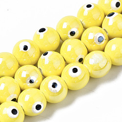 Handgemachte Porzellan-Keramik-Perlenstränge, hell glasierten Porzellan, Runde mit bösen Blick, Gelb, 10.5 mm, Bohrung: 1.8 mm, ca. 32 Stk. / Strang, 12.01 Zoll (30.5 cm)