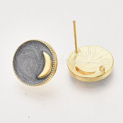 Изделия из латуни, с эмалью и петлей, плоские круглые с луной, реальный 18k позолоченный, без никеля , темно-серый, 14x4 мм, отверстие : 1 мм, штифты : 1 мм