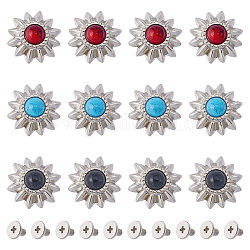 Gorgecraft 24 Sets 3 Colors Alloy Buttons, with Synthetic Turquoise and Iron Screws, for Purse, Bags, Leather Crafts Decoration, Sunflower, Mixed Color, 14x6.5mm, Hole: 2.5mm, 8 sets/color